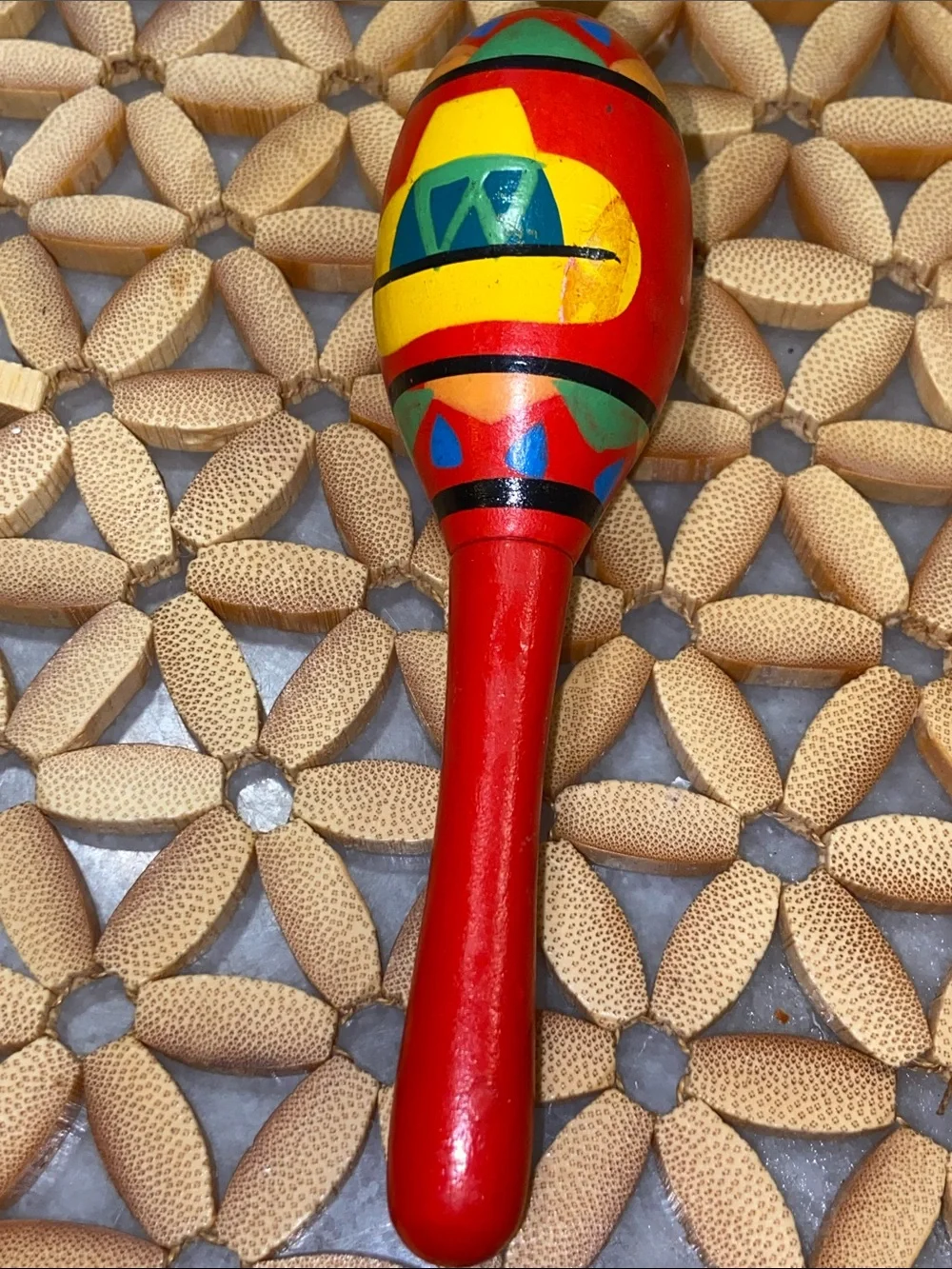 Red Handheld Wooden Maraca Shaker for Kids - Colorful Pattern